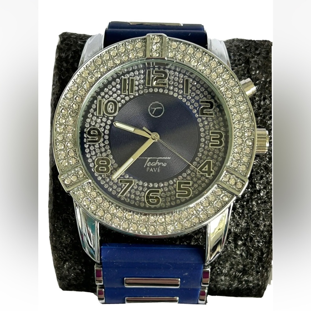 Techno Pave Men Wristwatch Blue Rubber Band Sport Quartz Big Face Watch bling